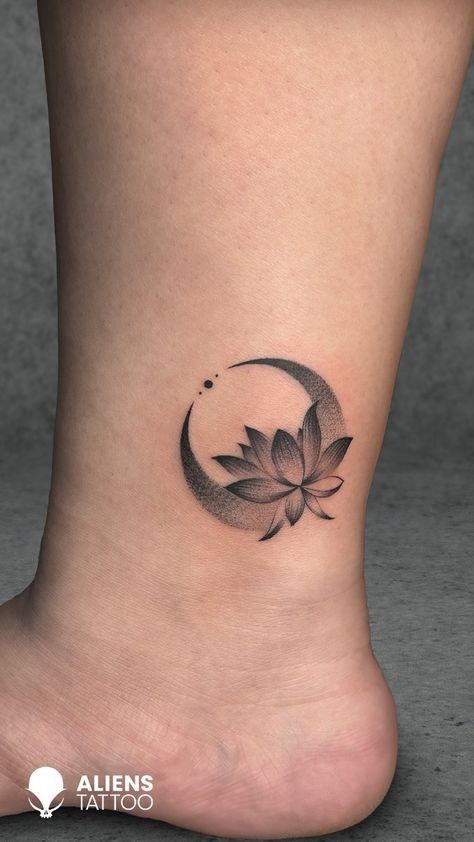 Small Lotus Flower Tattoo Design, Flower Crescent Moon Tattoo, Moon With Lotus Tattoo, Lotus Pond Tattoo, Simple Dotwork Tattoo, Simple Lotus Flower Tattoo Design, Dark Lotus Tattoo, Tiny Feminine Tattoos, Simple Moon Tattoo Designs