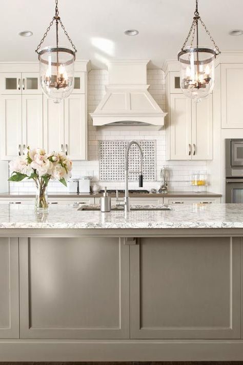 greige island + off white cabinets Greige Kitchen, Taupe Kitchen, Model Dapur, Kabinet Dapur, New Kitchen Cabinets, 아파트 인테리어, Kitchen Cabinet Colors, White Kitchen Cabinets, Painting Kitchen Cabinets