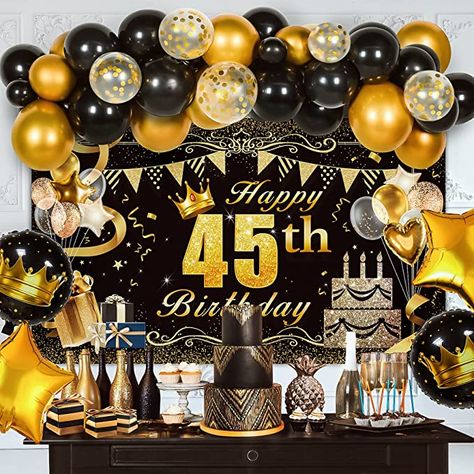 Amazon.com: toohoo 45th Birthday Decorations for Women, 45th Birthday Decorations for Men Supplies Kit, Happy Birthday Decorations, Birthday Backdrop with Black Gold Balloon Garland Kit, 45th Birthday Party Decorations : Toys & Games Black And Gold Birthday Theme For Men, Black Gold Balloon Garland, 35 Birthday Decorations, 55th Birthday Decorations, 65 Birthday Decorations, 65th Birthday Party Ideas, 60th Birthday Party Themes, 70th Birthday Parties Decorations, 45 Birthday