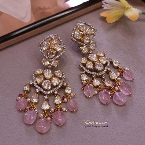 Gulizaar Moissanite Polki Earings Jewellery For Wedding, Moissanite Jewellery, Morning Outfit, Indian Wedding Jewelry Sets, Bridal Jewelery, Polki Earrings, Antique Jewellery Designs, Gold Jewelry Simple Necklace, Colour Stone