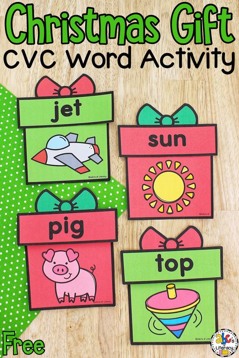 Preschool Christmas Literacy Activities, Christmas Kindergarten Centers, December Kindergarten Activities, Cvc Words Activity, Christmas Literacy Centers, Christmas Reading Activities, Christmas Literacy Activities, Free Preschool Activities, Kindergarten Christmas Crafts