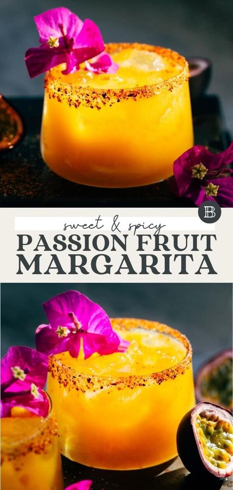 This passion fruit margarita is sweet and spicy! The passion fruit provides a tropical flavor, while the jalapeño provides a dash of spice. These flavors create the perfect passion fruit margarita! Spicy Passion Fruit Margarita Recipe, Spicy Passion Fruit Margarita, Margarita Flavors, Passion Fruit Punch, Passionfruit Margarita, Restaurant Cocktails, Sweet Margarita Recipe, Passion Fruit Cocktail, Passion Fruit Recipes