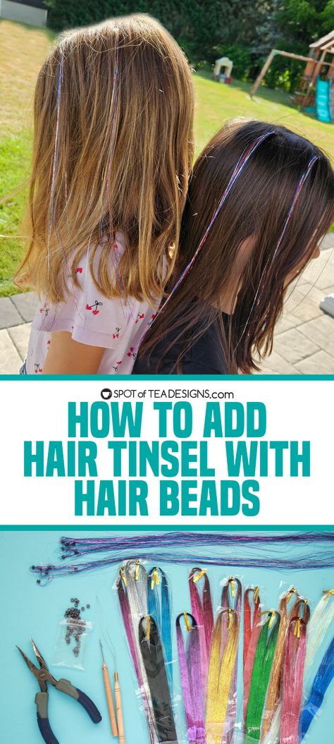 How To Add Hair Tinsel With Beads - Spot of Tea Designs How To Do Hair Tinsel With Beads, How To Put Tinsel In Hair Without Bead, How To Put In Tinsel Hair, How To Put In Fairy Hair Tinsel, Diy Tinsel Hair, Storing Hair Tinsel, Tinsel In Braids, How To Tinsel Hair, How To Put Tinsel In Hair With Bead