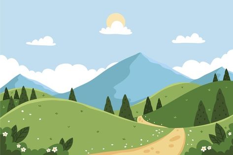 Landscape Clip Art, Nature Cute Drawings, Nature Drawings Landscapes, Spring Landscape Illustration, Simple Landscape Illustration, Nature Illustration Landscapes, Cute Cartoon Landscape, Nature Drawing Simple, Mountain Illustration Simple