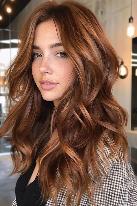 CuteHairColorIdeaforBrownHair251 Fall Reddish Brown Hair, Brunette And Auburn Balayage, Copper Hair From Brown, Root Melt Auburn, Blond Auburn Hair, Brunette To Cowboy Copper, Natural Dark Red Hair With Highlights, Warm Summer Hair Color, Honey Almond Hair Color