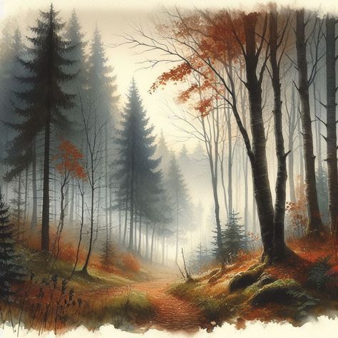 autumn, fog, trees, forest, watercolor_1 Autumn Forest Drawing, Drawing Dreams, Forest Drawing, Forest Watercolor, Nature Watercolor, Trees Forest, Instagram Autumn, Autumn Forest, Trees