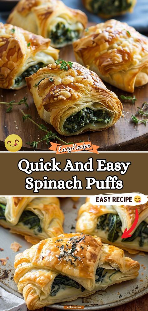 Experience the delight of our Spinach Puffs, where every bite bursts with the freshness of spinach wrapped in a flaky pastry. Perfect for any gathering, these puffs are both a visual treat and a flavor sensation. Whether you’re hosting a party or just looking for a tasty snack, these Spinach Puffs are sure to impress. Enjoy them fresh out of the oven for the best experience! #SpinachPuffs #PartySnack #FlakyPastry Spinach Dip Puff Pastry, Spinach Puffs, Bacon And Cream Cheese Spinach Puffs, Spinach And Feta Pastry Puffs, Spinach And Feta Puffs, Spinach Feta Cheese Puff Pastry, Spinach Feta Puff Pastry Recipes, Cream Cheese Puffs, Spinach Puff