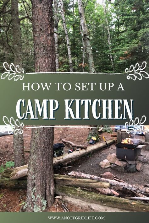 Diy Camp Kitchen, Camping Kitchen Set Up, Camping Cooking Equipment, Campfire Dinners, Outdoor Camping Kitchen, Canning Kitchen, Camping Menu, Camping Snacks, Weekend Camping Trip