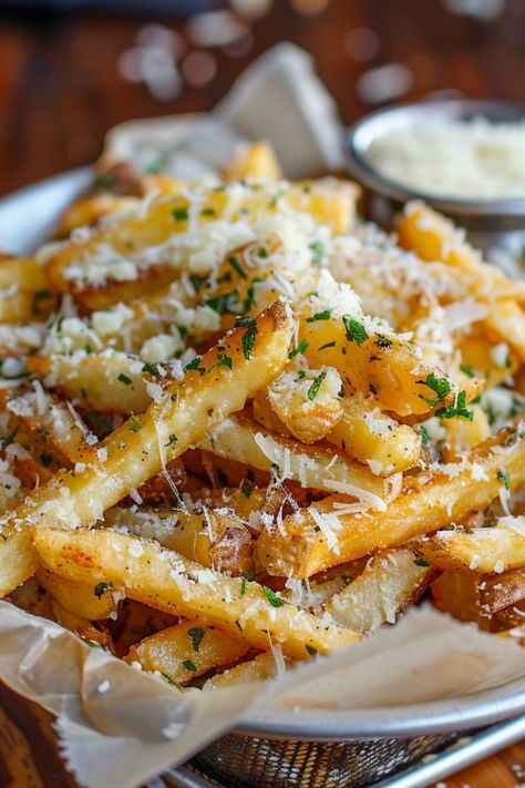 French Fries Truffle, Truffle Fries Photography, Truffle Parmesan Fries, Savory Food Aethstetic, Gourmet French Fries, Yummy Savory Snacks, Yummy Food Savory, French Fries Aesthetic, Gourmet Sides