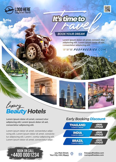 Introducing our amazing Travel Tours Business Flyer Design PSD, available for free download! This flyer is perfect for promoting your tour operator or travel business. It’s designed specifically for showcasing different offerings such as day tours, tour packages, vacations, hiking and camping adventures, city tours, and more exciting travel packages. Tour Travel Design, Tour Operator Business, Tour Advertising Design, Travelling Poster Design, Tour Design Poster, Traveling Poster Design, Travel Package Poster Design, Tourism Flyer Design, Creative Flyers Design