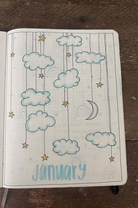 Cloud Journal Ideas, Sky Journal Ideas, January Journal Cover, January Reading Journal, Cloud Bullet Journal, January Bujo Cover, January Journal Ideas, Bullet Journal January Cover, January Bullet Journal Cover