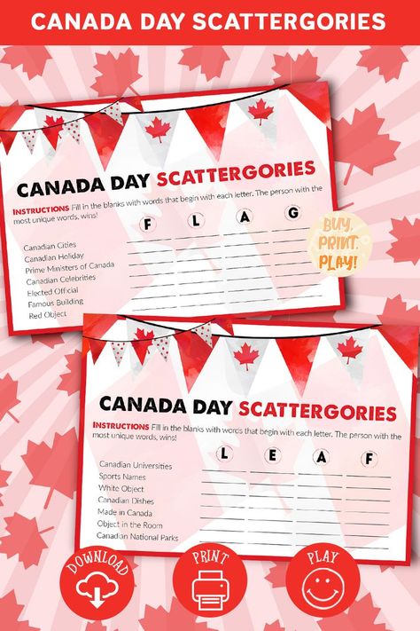 Canada Day is around the corner! These Scattergories is perfect printable game to interact, discuss and celebrate Canada during this fun Holiday! Canada Day Games For Adults, Canada Day Games, Canada Games, Seniors Activities, Fun Games For Adults, Canada Day Party, Canadian Dishes, Canadian Universities, July Calendar