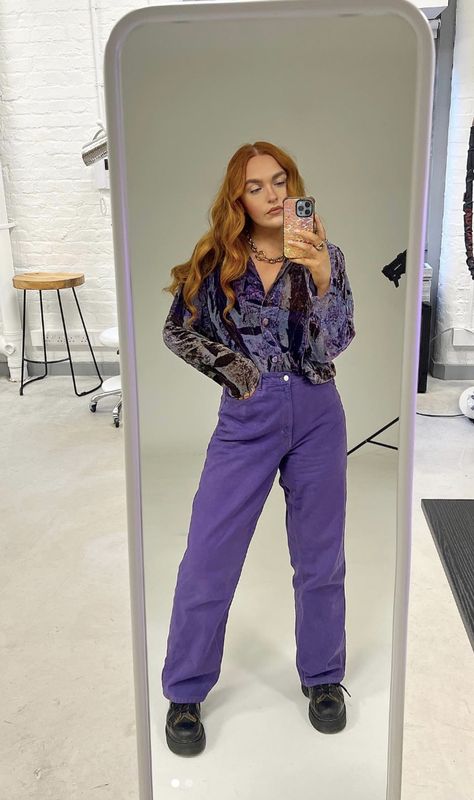 Purple Denim Outfit, Copper Hair Outfits, Purple Jeans Outfit, Ginger Copper Hair, Purple Outfit, Jeans Outfit Fall, Fall Stuff, Purple Jeans, Purple Outfits