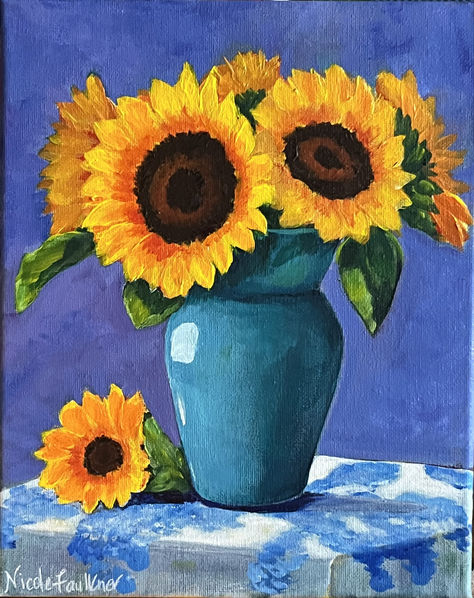 8x10 original acrylic painting. As an Academy of Fine art and Acrylic Painting with Ginger Cook, Nicole takes advantage of "personal art coaching". Sunflower Vase Drawing, Flower Vase Painting Easy, Simple Sunflower Painting, Simple Flower Painting Acrylics, Easy Sunflower Painting, Flower Vase Painting, Painting Flowers Tutorial, Creation Art, Flower Painting Canvas