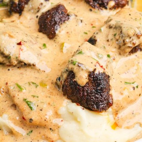 Garlic Butter Steak Bites with Parmesan Cream Sauce - Bad Batch Baking - Restaurant Copycat Recipes & Family Favorites Weekend Dinner Recipes, Butter Cream Sauce, Garlic Butter Steak Bites, Postpartum Recipes, Butter Steak Bites, Batch Baking, Steak Dinner Recipes, Buttery Mashed Potatoes, Creamy Parmesan Sauce