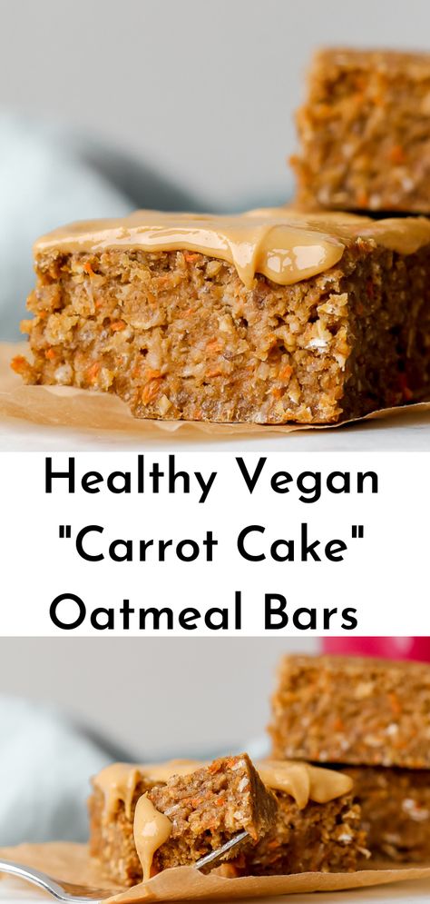 Shake up your breakfast routine with these healthy vegan "carrot cake" oatmeal breakfast bars. They're made entirely in the food processor for easy clean-up. Take them over the top by spreading with some nut butter or a mix of yogurt and maple syrup for a healthy twist on cream cheese frosting! Vegan Carrot Cake Oatmeal, Oatmeal Breakfast Bars Healthy, Breakfast Bars Healthy, Vegan Carrot Cake, Oatmeal Breakfast Bars, Carrot Cake Oatmeal, Vegan Baking Recipes, Healthy Bars, Vegan Carrot Cakes