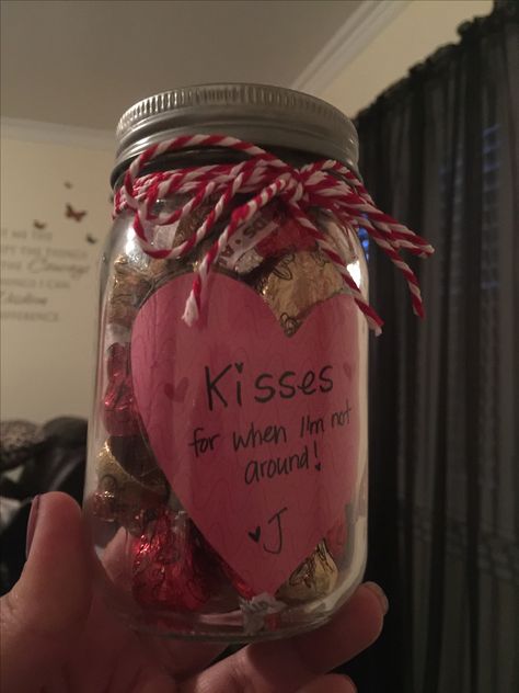 Cute Mini Gifts For Boyfriend, Jar Of Kisses For Boyfriend, Kisses Gifts For Boyfriend, Kisses For When Im Not Around, Mini Gifts For Boyfriend, Kiss Jar, Kisses In A Jar, Bf Valentines Gift, Valentines Day Care Package