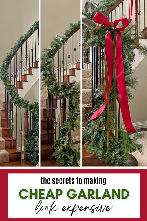 How to Make Cheap Garlands Look Lush and Expensive Christmas Stairway Swag, Wreaths On Banister, Fake Garland Decor, Diy Christmas Garland On A Budget, Diy Christmas Banister Garland, Farmhouse Christmas Banister, Diy Cheap Garland, Cheap Christmas Staircase Decor, Christmas Porch Banister Decorations