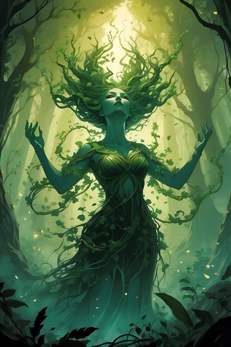 Mother Nature Goddess, Gaia Goddess, Dnd Druid, Forest Homes, Tree Spirits, Different Face Shapes, Nature Goddess, Female Art Painting, Forest Spirit