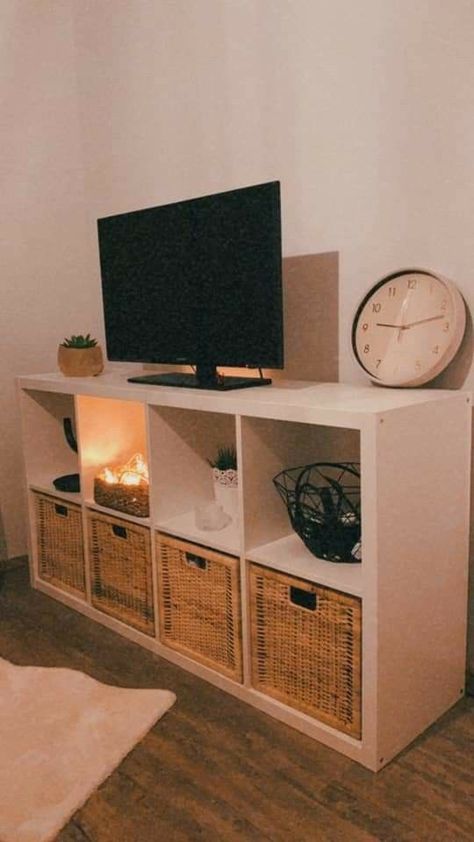 Ikea Cube Entertainment Center, Ikea Cubes Tv Stand, Tv Stands Ideas For Bedroom, Apartment Cube Storage, Cubes Storage Bedroom, Cubes As Tv Stand, Cube Storage With Tv Above, Cube Storage Tv Stand Bedroom, Tv Stand Ideas With Storage