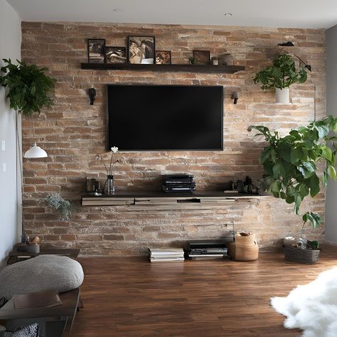 Movie night ready! This cozy living room features a TV mounted on a brick wall. What's your favorite way to relax and unwind at home? Let us know in the comments! Tv On Exposed Brick Wall, Decorate Brick Wall, Faux Brick Accent Wall With Tv, Tv Mounted On Brick Wall, Brick Tv Wall, Brick Wall Tv Unit, Brick Paper Wall Living Room, Brick Feature Wall Living Room, Rustic Brick Tv Wall