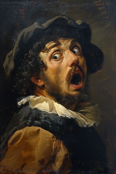 #SurprisedManPainting #CaravaggioStyle #BaroqueOilPainting #OldMasterArt #DramaticExpression #TheCandie Old Artist Painting, Old Art Reference, Oil Painting Baroque, Old Master Portraits Paintings, Master Paintings Portrait, Baroque Landscape Painting, Baroque Aesthetic Painting, Old Art Painting Portrait, The Old Masters Paintings