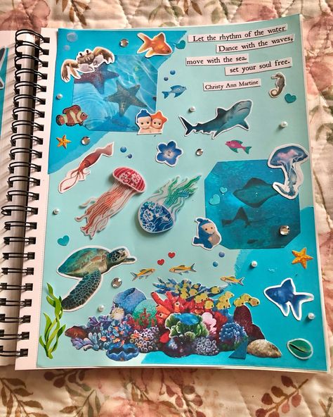 Scrapbook Sea Theme, Scrapbook Ideas Ocean Theme, Ocean Theme Scrapbook, Sea Journal Ideas, Junk Journal Themes, Aesthetic For Journal, Journaling Inspo Aesthetic, Scrapbook Page Ideas For Best Friend, Sea Creatures Drawings