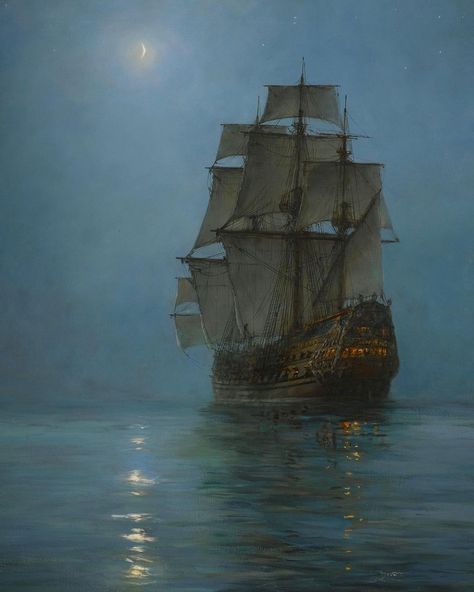 Montague Dawson, Nautical Artwork, Art Expressions, Navi A Vela, Old Sailing Ships, Classic Artwork, Window Cling, Ship Paintings, Moon Painting