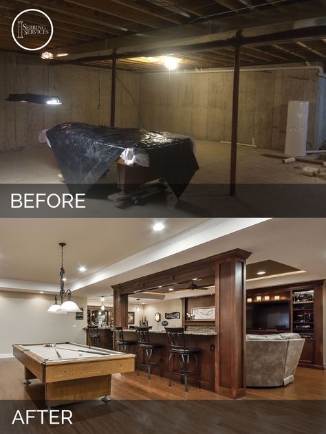 Bolingbrook Before & After Basement Finish Project - Sebring Services Basement Home Theater, Basement Redo, Home Basement, Basement Bar Designs, Basement Inspiration, Basement Finishing, Diy Basement, Basement Plans, Man Cave Basement