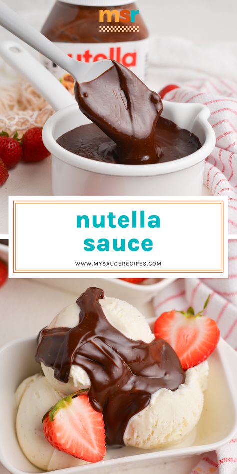 This EASY Nutella Sauce recipe transforms the chocolate hazelnut spread into a rich, decadent sauce that can be drizzled or dipped into! Nutella Syrup Recipes, Nutella Drizzle How To Make, Dipping Sauce For Cookies, Donut Dipping Sauce, Beignet Dipping Sauce, Nutella Sauce Recipe, Nutella Dipping Sauce, Dessert Sauces Recipes, Nutella Dip Recipes