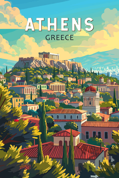 Retro-style illustration of Athens, Greece, featuring the iconic Acropolis perched on a hill with surrounding classical buildings and lush greenery under a bright blue sky with scattered clouds. Athens Travel, Classical Beauty, Greek Travel, Vintage Postcards Travel, Poster Vintage Retro, City Postcard, Travel Collage, Greece Art, Travel Poster Design