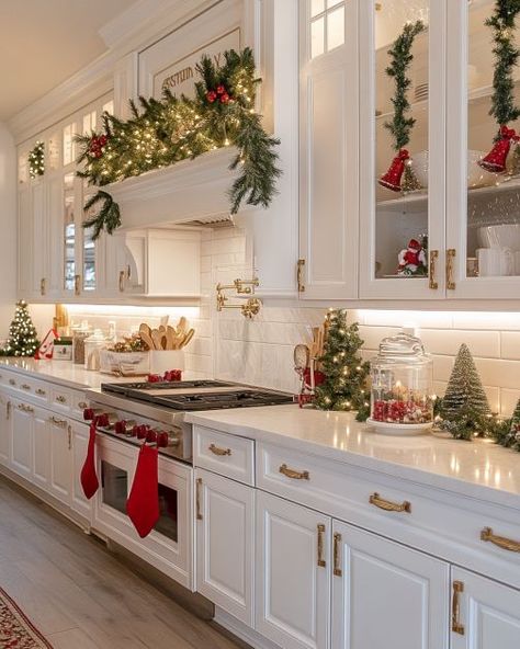 Lady makeovers her kitchen cabinets for Christmas. You must see these 8 amazing ideas Festive House Decor, Holiday Kitchen Island, Christmas Kitchen Hood Decor, Christmas Decoration Dining Room, Red Ribbon On Kitchen Cabinets, Under Cabinet Christmas Decor, Christmas Decor Ideas Above Kitchen Cabinets, Small Christmas Coffee Bar Ideas, Christmas Diy Kitchen Decor