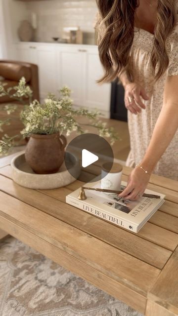 Kailyn Cash | Home on Instagram: "Coffee table styling for spring ✨" Small Rectangle Coffee Table Decor, Joanna Gaines Coffee Table Decor, Plant On Coffee Table, Rectangle Coffee Table Styling, Rectangle Coffee Table Decor, Kailyn Cash, Square Coffee Table Decor, Coffee Table Decor Living Room, Rectangle Coffee Table