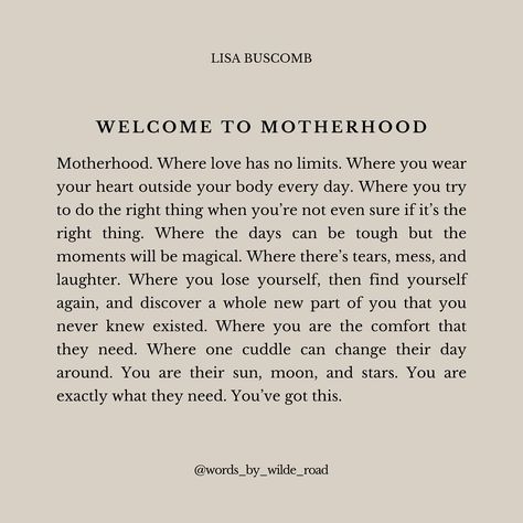 Motherhood: A journey where love has no limits. 🤍 While motherhood comes with its challenges, it’s also one of life’s most beautiful and magical experiences. My words on motherhood have become favorites for a reason—they resonate deeply and offer comfort. Whether you’re celebrating a new mama, supporting one through a tough time, or simply showing love to a mom in your life, these prints make the perfect gift. The Motherhood and Welcome to Motherhood prints, featured in my book Wildly Deserv... Postpartum Mom Quotes, Parenting Books For Moms, Poems About Loving Yourself, New Mom Aesthetic, Motherhood Mantras, Motherhood Quotes Inspiring, Lisa Buscomb, Motherhood Poetry, Small Thoughts