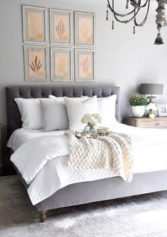 Dreamy white bedding and gray tufted headboard Grey Bed, Grey Bed Frame, Grey Headboard, Gray Bedroom, Bedroom Headboard, Chic Bedroom, Master Bedrooms Decor, White Bedroom, Beautiful Bedrooms