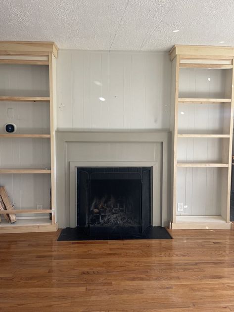 Fireplace Built-Ins Pt 1 - Made by Carli Fireplace With Cutout Above, How To Do Built Ins Around Fireplace, Fireplace Built In Shelves Diy, Recessed Fireplace With Bookshelves, Custom Shelving Around Fireplace, Fireplace Shelves Diy, Built In Shelves Living Room Next To Fireplace, Bookshelves With Fireplace Built Ins, Flush To Wall Fireplace