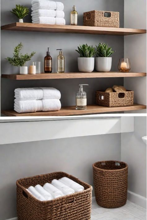 Small bathroom with clever storage solutions Ensuite Bathroom Ideas Master Bedrooms Floating Shelves, Small Bathroom Interior Shelves, What To Put On The Back Of The Toilet, Organizing Open Bathroom Shelves, Modern Farmhouse Small Bathroom Ideas, Bathroom Shelving Styling, Organizing Bathroom Shelves, Bathroom Floating Shelves Decor Ideas, Hidden Organization Ideas