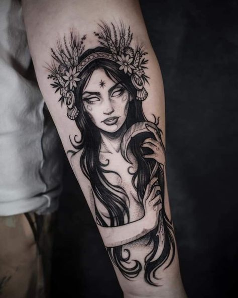 Hecate Tattoos For Women, Hecate Sleeve Tattoo, Slavic Goddess Tattoo, Morana Goddess Tattoo, Boudicca Tattoo, Goddess Portrait Tattoo, Advance Black And Grey Tattoo, Brigid Tattoo, Nyx Tattoo Goddesses