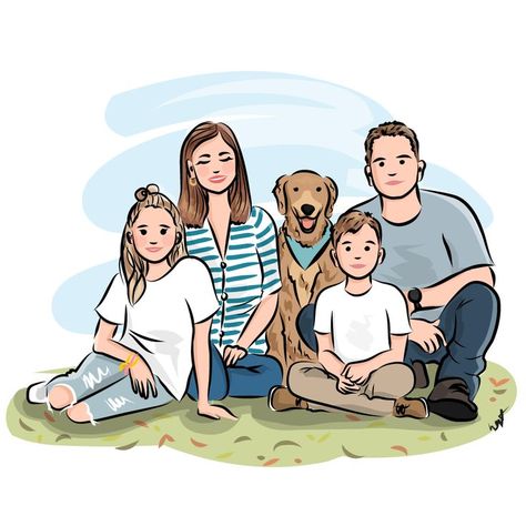 Custom-illustrated portrait of five. Family Drawing Illustration, Custom Illustrated Family Portrait, Illustrated Family Portrait, Dog Portraits Art, Custom Portrait Illustration, Family Drawing, Portrait Cartoon, Family Cartoon, Custom Family Portrait