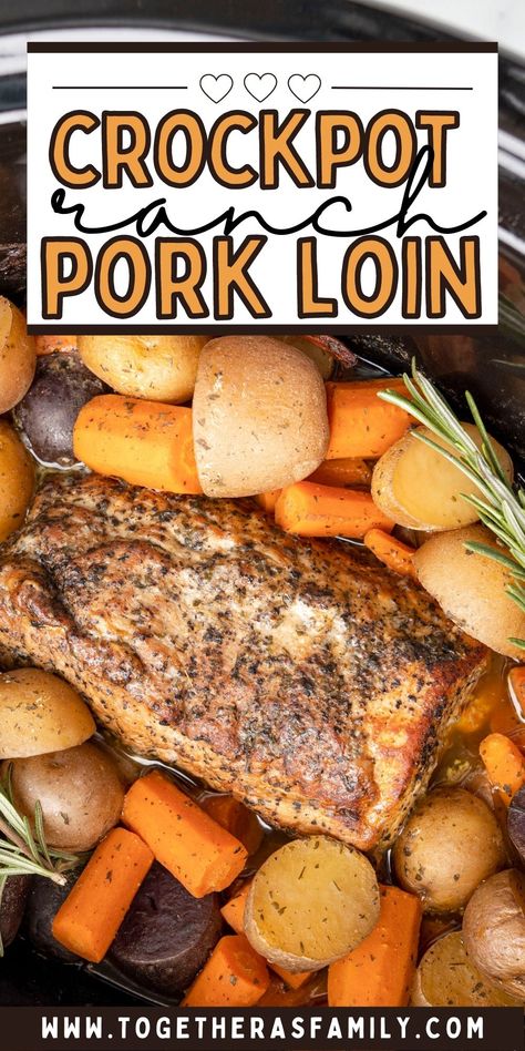 This Easy Ranch Pork Loin is such an easy family dinner idea with only a few ingredients and the crockpot does all the work! It's a meal-in-one with seasoned pork loin, carrots, and potatoes smothered in a buttery ranch sauce. Seasoned Pork Loin, Pork Loin Recipes Slow Cooker, Crock Pot Pork Tenderloin, Pork Tenderloin Crock Pot Recipes, Pork Tenderloin Dinner, Tenderloin Recipes Crockpot, Pork Loin Crock Pot Recipes, Pork Roast Crock Pot Recipes, Crockpot Pork Loin