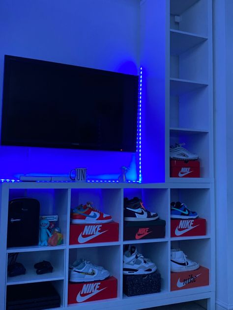 cool room
shoes
shoe collection Shoe Collection Aesthetic Room, Nike Bedroom, Sneakerhead Room, Basketball Room, Shoe Wall, Shoe Room, Shoe Shelves, Light Up Shoes, Neon Room