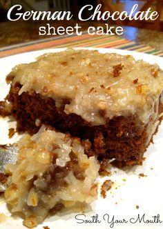 Easy German Chocolate sheet cake with homemade caramel, pecan and coconut icing. German Chocolate Sheet Cake, Coconut Icing, Chocolate Sheet Cake, Sheet Cake Recipes, Salty Cake, German Chocolate Cake, Caramel Pecan, German Chocolate, Homemade Caramel