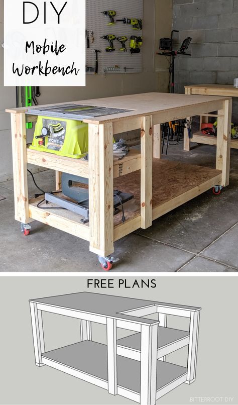 Workbench With Table Saw, Diy Mobile Workbench, Table Saw Workbench, Mobile Workbench, Workbench Plans Diy, Diy Table Saw, Woodworking Bench Plans, Diy Workbench, Hemma Diy