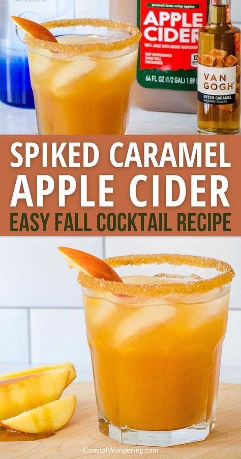 Spiked Caramel Apple Cider easy fall cocktail recipe Spiked Apple Cider Punch Halloween Party, Fall Spiked Cider, Halloween Drinks Apple Cider, Fall Non Alcoholic Drinks Apple Cider, Apple Alcohol Recipes, Halloween Apple Drinks Alcohol, Caramel Apple Boozy Drink, Apple Cider Beverages, Halloween Apple Cider Cocktail