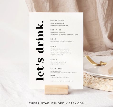 Drink Menu Design Bar, Drink Menu Design Template, Bar Menu Design Ideas, Drink Menu Design Ideas, Minimalist Menu Design, Drinks Menu Design, Modern Wedding Bar, Wedding Bar Signage, Menu Minimalist