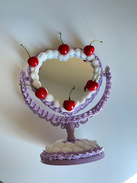 "This cake is perfect for bathroom selfies, on a cute shelf or on a vanity <3 Products used: lightweight spackle, acrylic paint, mirror,  Dimensions: 9.7\"L x 5.8\"W" Cake Mirror, Paint Mirror, Cute Shelf, Bathroom Selfies, Lavender Heart, Cake Craft, Crochet Market Bag, Bear Crafts, Fake Cake