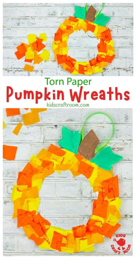 How to make a pretty pumpkin wreath from a paper plate and torn paper. Kindergarten Fall Crafts Art Projects, Fall Crafts With Paper Plates, Pumpkin Wreath Preschool, Fall Craft Preschool Toddlers, Fall Crafts Elementary School, Crafts For Pre K Art Projects, Prek Learning Crafts, Halloween Wreath Craft For Kids, First Day Of Fall School Activities