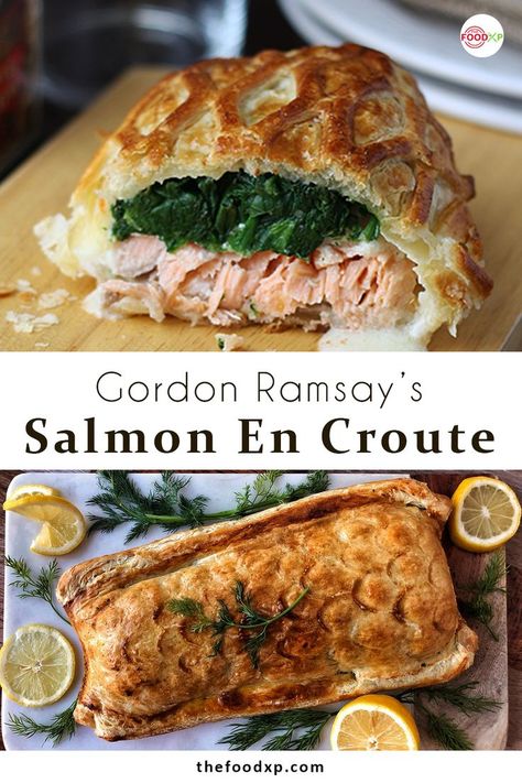 Gordon Ramsay's Salmon En Croute is a beautifully made dish that uses a handful of simple and fresh ingredients. It is best for dinner parties or any occasion. You can get the whole recipe on the THEFOODXP blog. #gordonramsaysalmonencroute #gordonramsaysalmonencrouterecipe #gordonramsayrecipes #salmonencrouterecipegordonramsay #salmonencroute #salmonencrouterecipe Salmon Dinner Party Recipes, Salmon Terrine En Croute, Salmon On Croute Recipe, Salmon En Croute Recipe Gordon Ramsay, Minced Salmon Recipes, En Croute Recipes, Gordon Ramsay Salmon Recipes, Salmon Wellington Recipe Gordon Ramsay, French Salmon Recipes