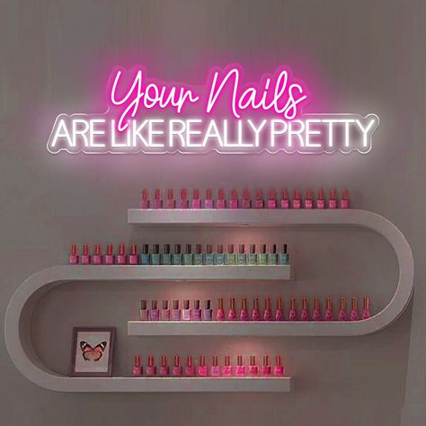 #NeonLightSigns #BrightIdeas #NeonSigns #BrightIdeas Nail Tech Interior Design, Decoration For Nail Salon, Gel Polish Wall Display Ideas, Beauty Room Neon Sign, Nail Shop Ideas Salons At Home, Nail Business Must Haves, Nails Place Decoration, Nails Studio Decor, Nail Spa Decor