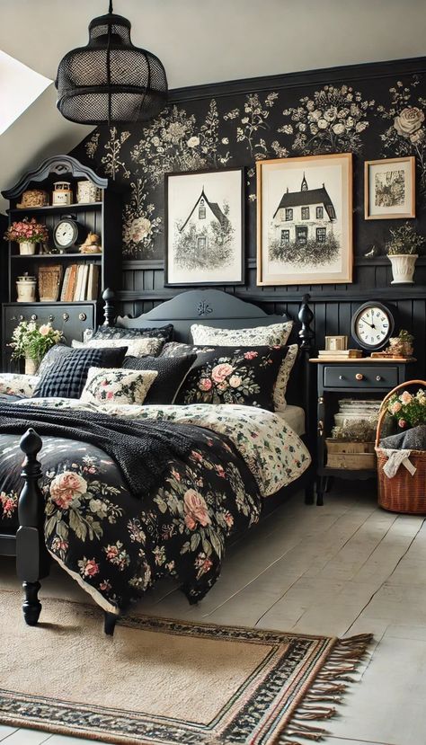 Gothic Moody Bedroom, Black House Aesthetic Interior, Small Moody Bedroom, Cozy Goth Bedroom, Cozy Black Bedroom, Gothic Bedroom Aesthetic, Goth Farmhouse, Gothic Bedroom Ideas, Black Bedroom Ideas